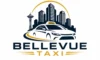Bellevue Taxi logo featuring a modern taxi vehicle, city skyline, and transportation-themed design in blue and gold colors.